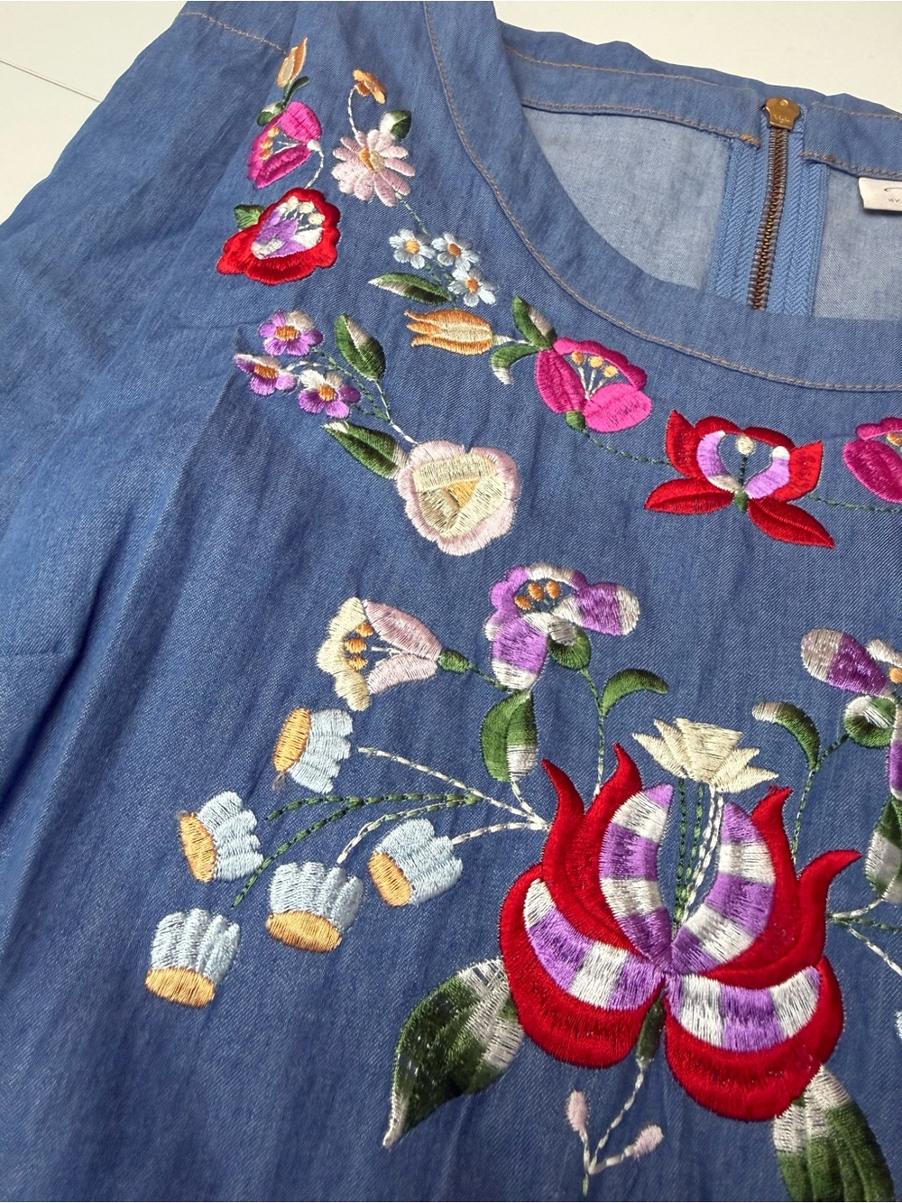 Poem by Oliver Bonas floral embroidered chambray denim shift dress size 10 - Picture 10 of 12